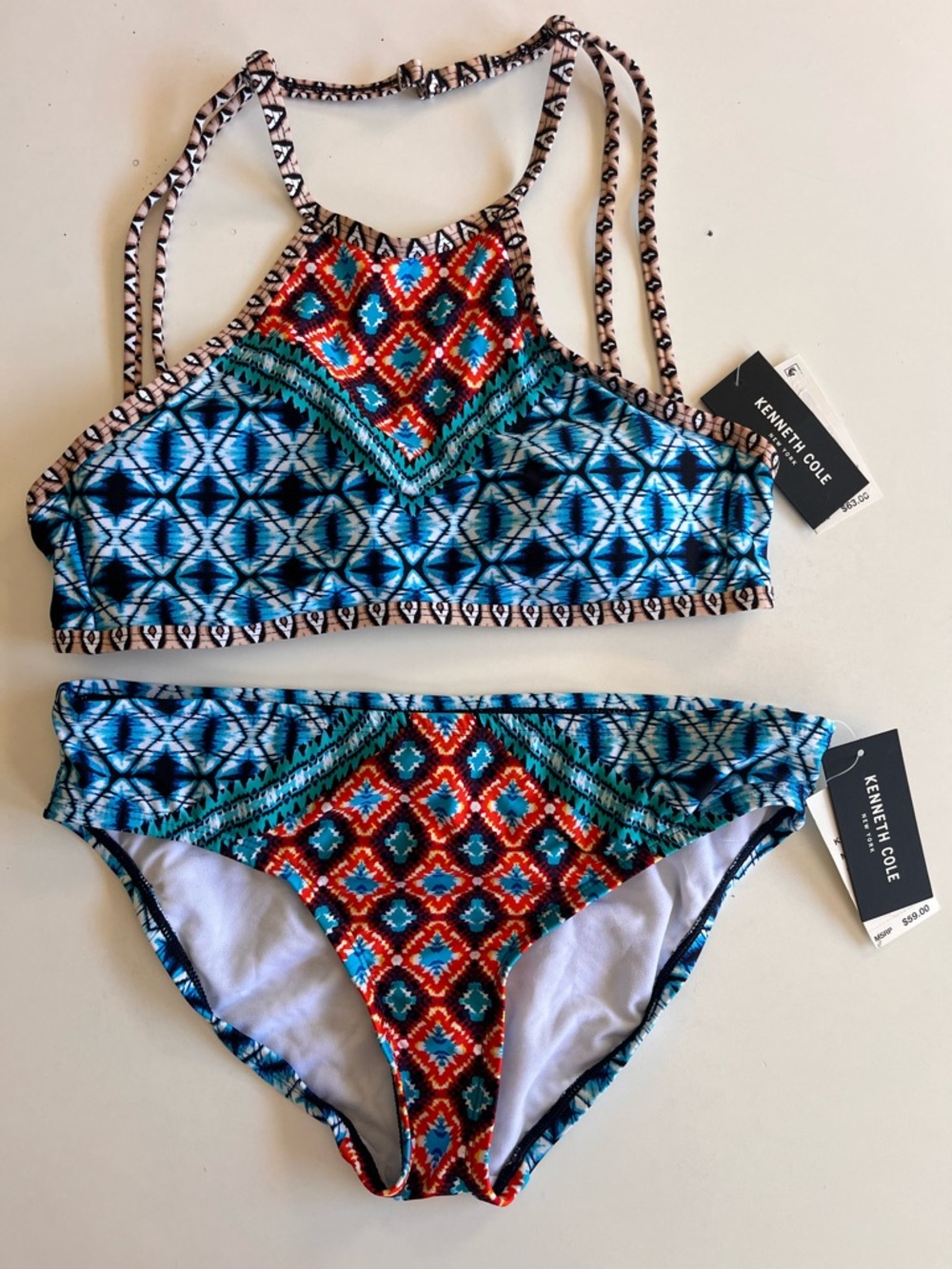 NWT Kenneth Cole Halter Swim Bikini Size Small Tribal Ikat Print Strappy Boho